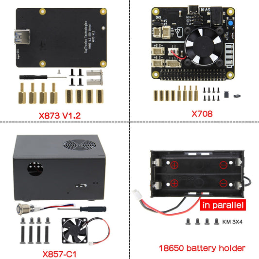 Raspberry Pi 4B X873 V1.2 NVMe M.2 SSD Shield + X708 V1.2 UPS & Power Management Board + Matching Metal kit customize