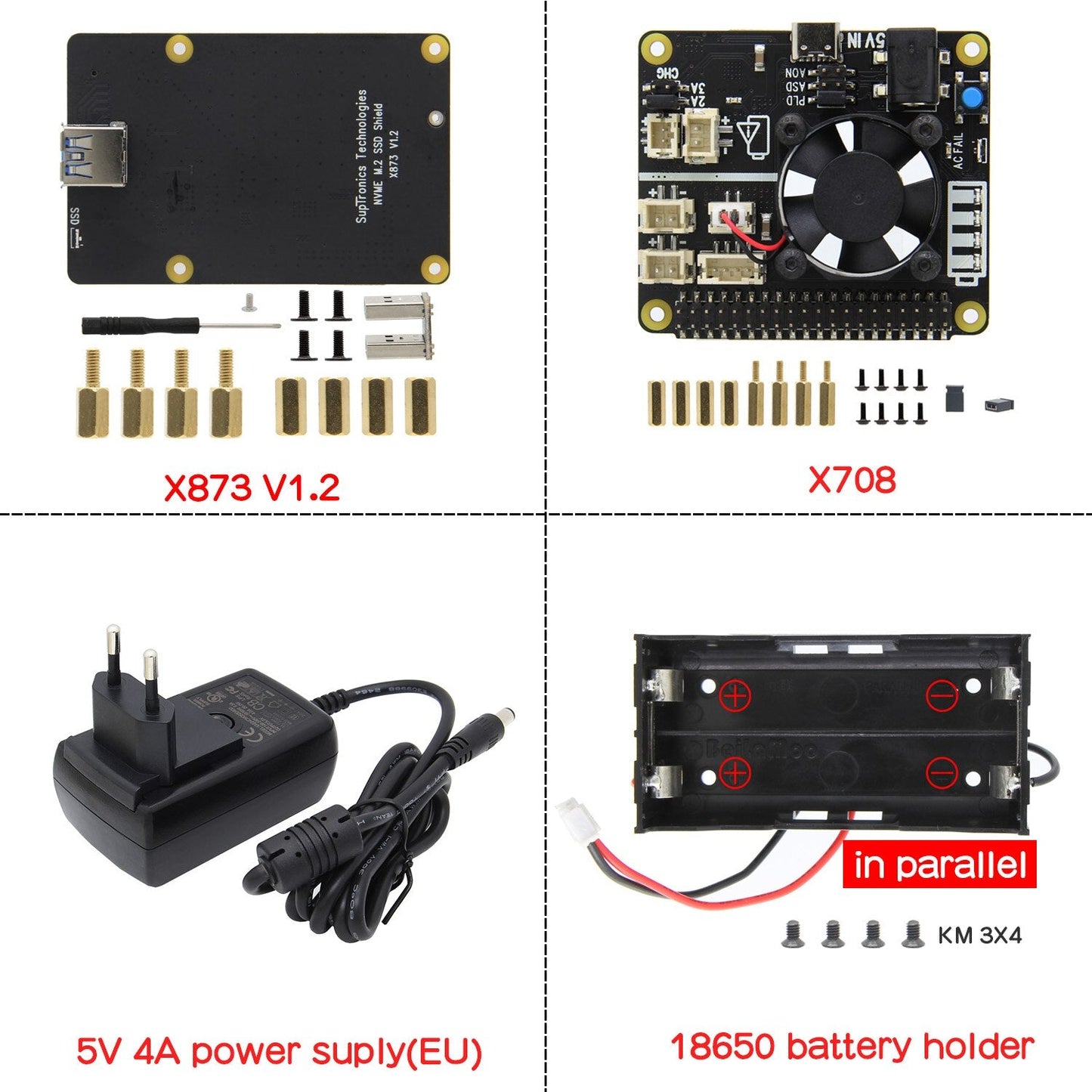 Raspberry Pi 4B X873 V1.2 NVMe M.2 SSD Shield + X708 V1.2 UPS & Power Management Board + Matching Metal kit customize