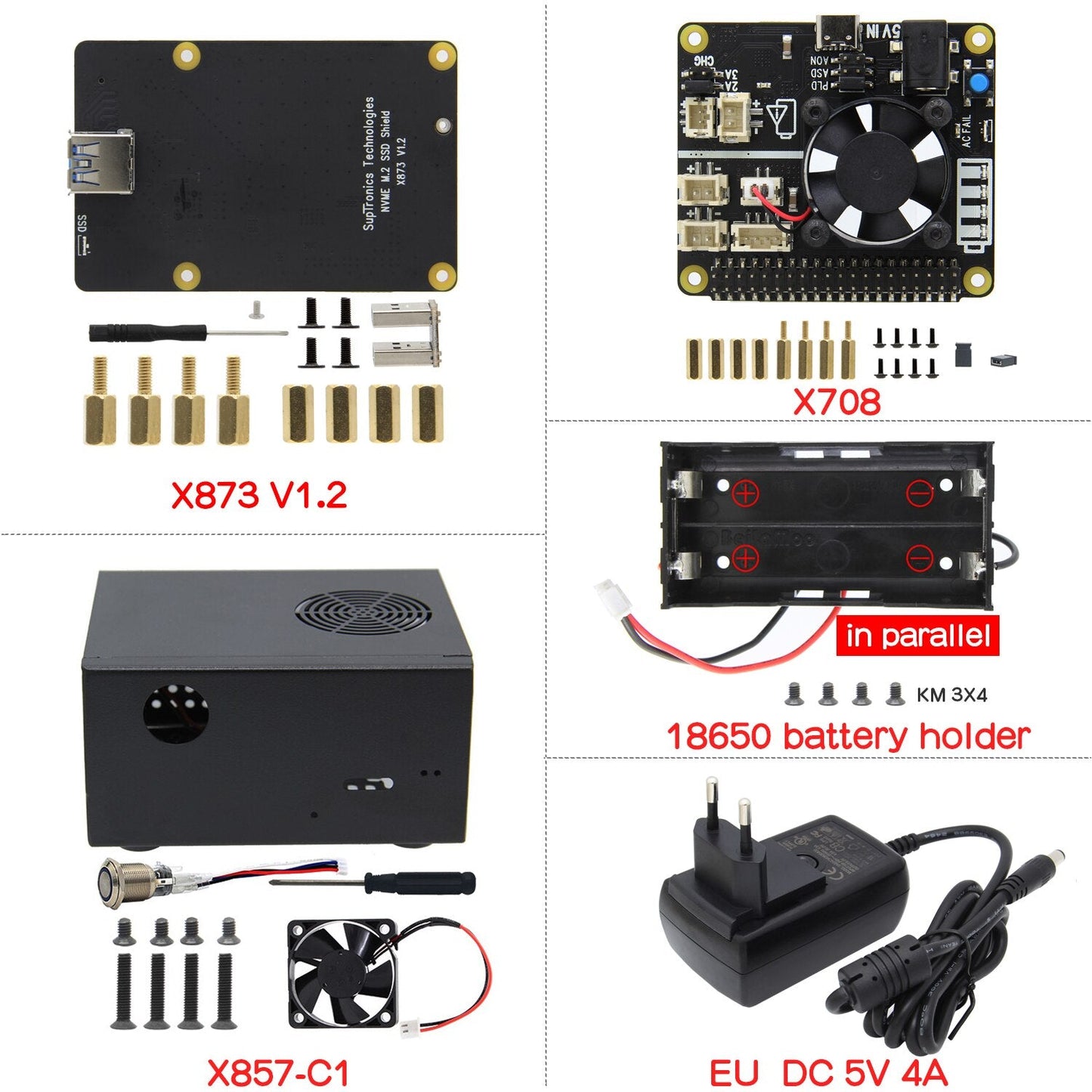 Raspberry Pi 4B X873 V1.2 NVMe M.2 SSD Shield + X708 V1.2 UPS & Power Management Board + Matching Metal kit customize