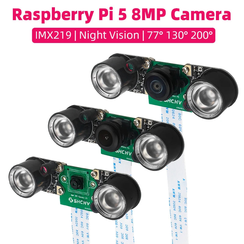 Custom Pi 5 8MP Camera Night Vision IMX219 77° 130° 200° FOV Fisheye MINI CSI Interface + 2 Infrared Light for RPI 5 Pi5