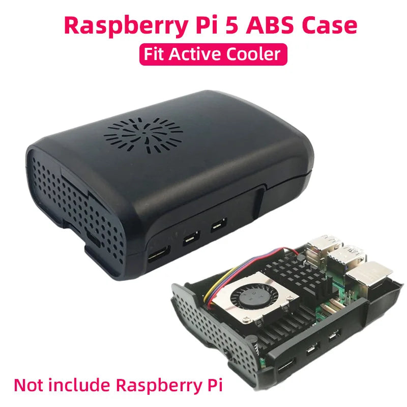 Custom Pi 5 ABS Case Black Plastic Shell Compatible for Active Cooler Speed Adjustable PWM Fan for RPI 5 Pi5