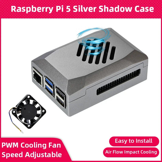 Custom Pi 5 ABS Case Silver Shadow Box with PWM Cooling Fan Shell Fit for Active Cooler Power Button for Pi 5