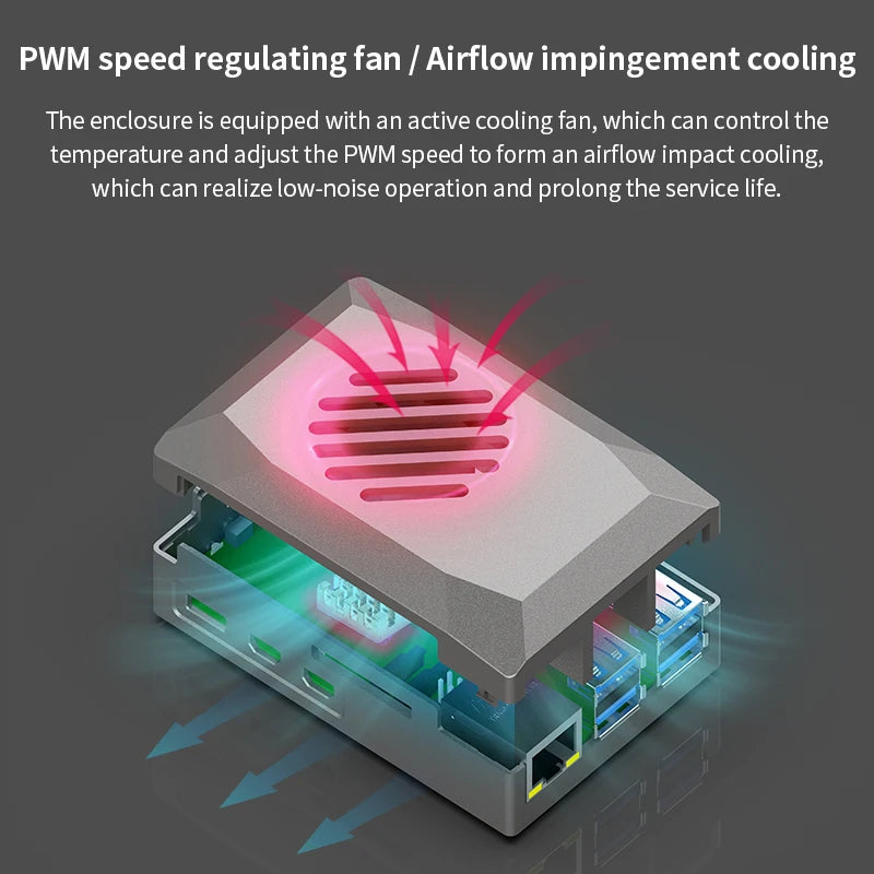 Custom Pi 5 ABS Case Silver Shadow Box with PWM Cooling Fan Shell Fit for Active Cooler Power Button for Pi 5
