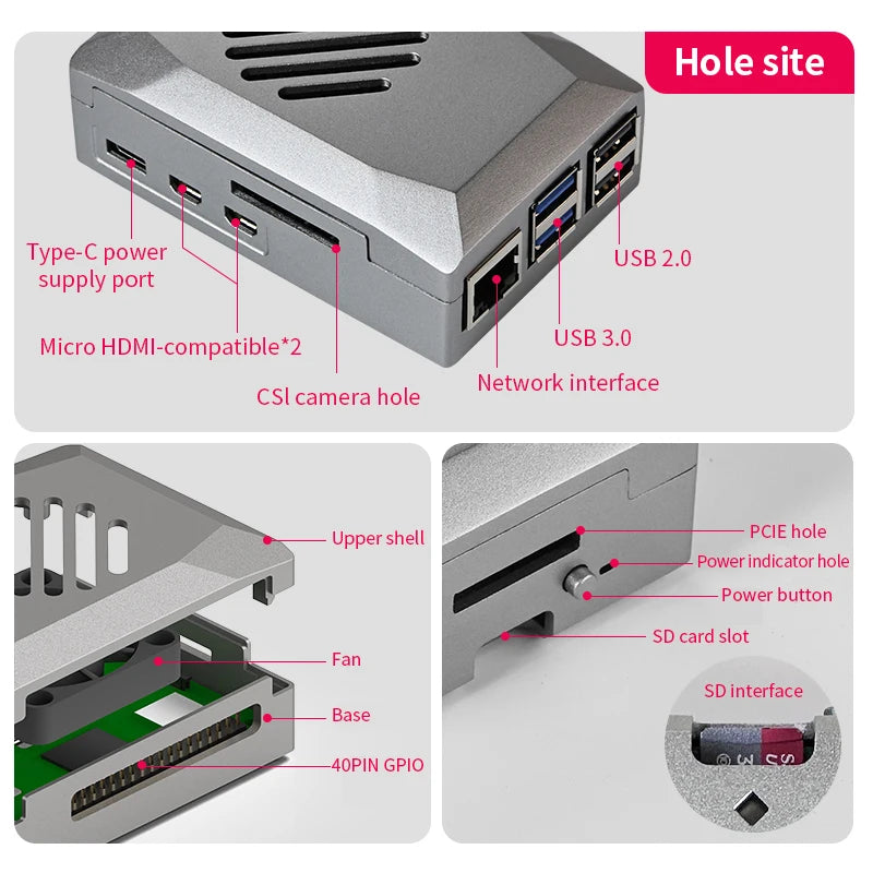 Custom Pi 5 ABS Case Silver Shadow Box with PWM Cooling Fan Shell Fit for Active Cooler Power Button for Pi 5