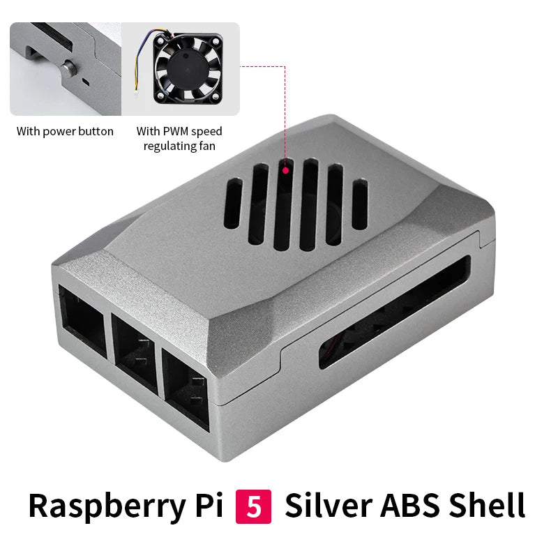 Custom Pi 5 ABS Case Silver Shadow Box with PWM Cooling Fan Shell Fit for Active Cooler Power Button for Pi 5