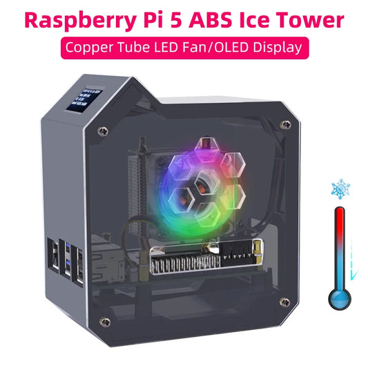 Custom Pi 5 ABS Mini Tower Case Copper Tube Ice Tower Fan PWM JST 4Pin Port RGB LED with 0.96" OLED Dispaly for RPI 5 Pi5