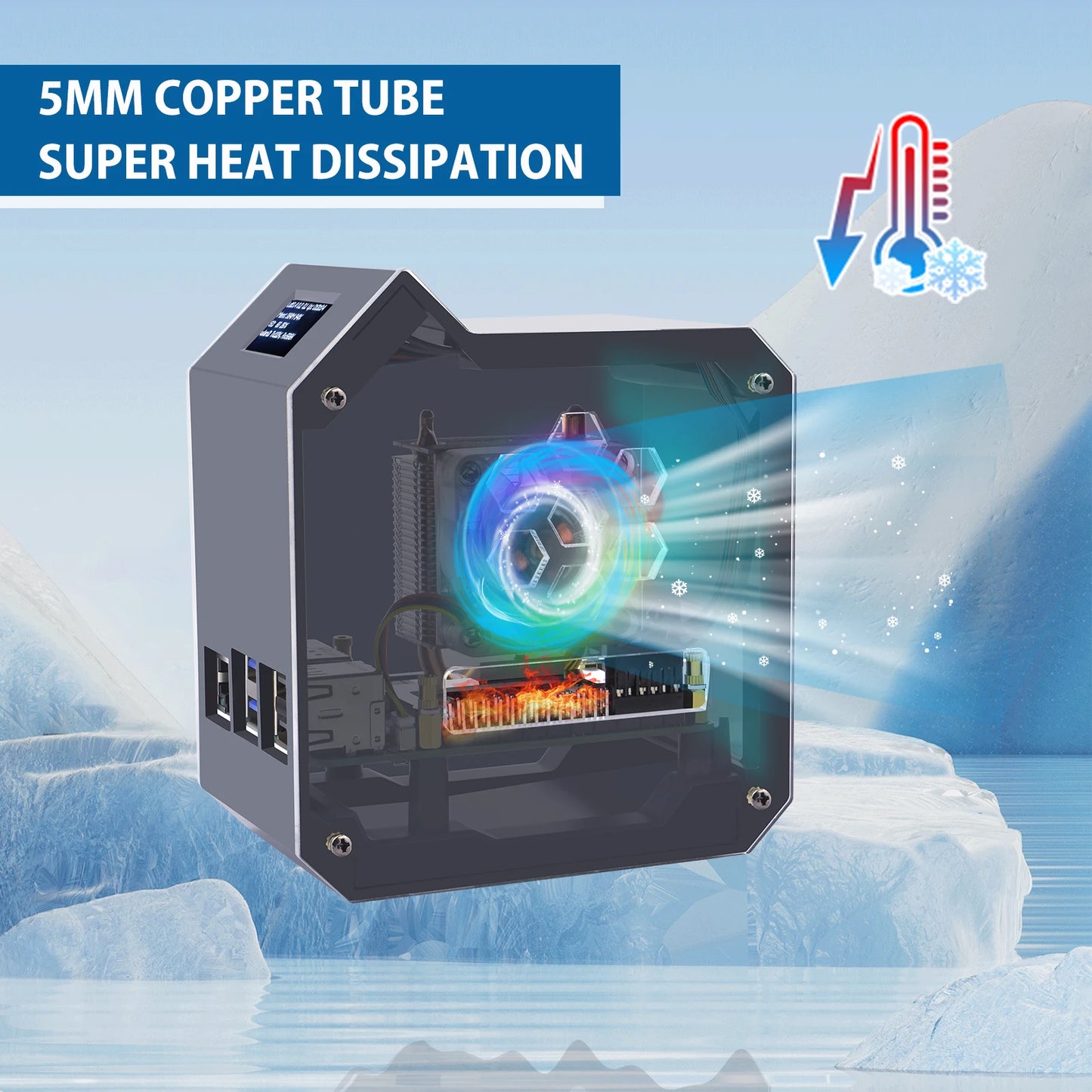 Custom Pi 5 ABS Mini Tower Case Copper Tube Ice Tower Fan PWM JST 4Pin Port RGB LED with 0.96" OLED Dispaly for RPI 5 Pi5