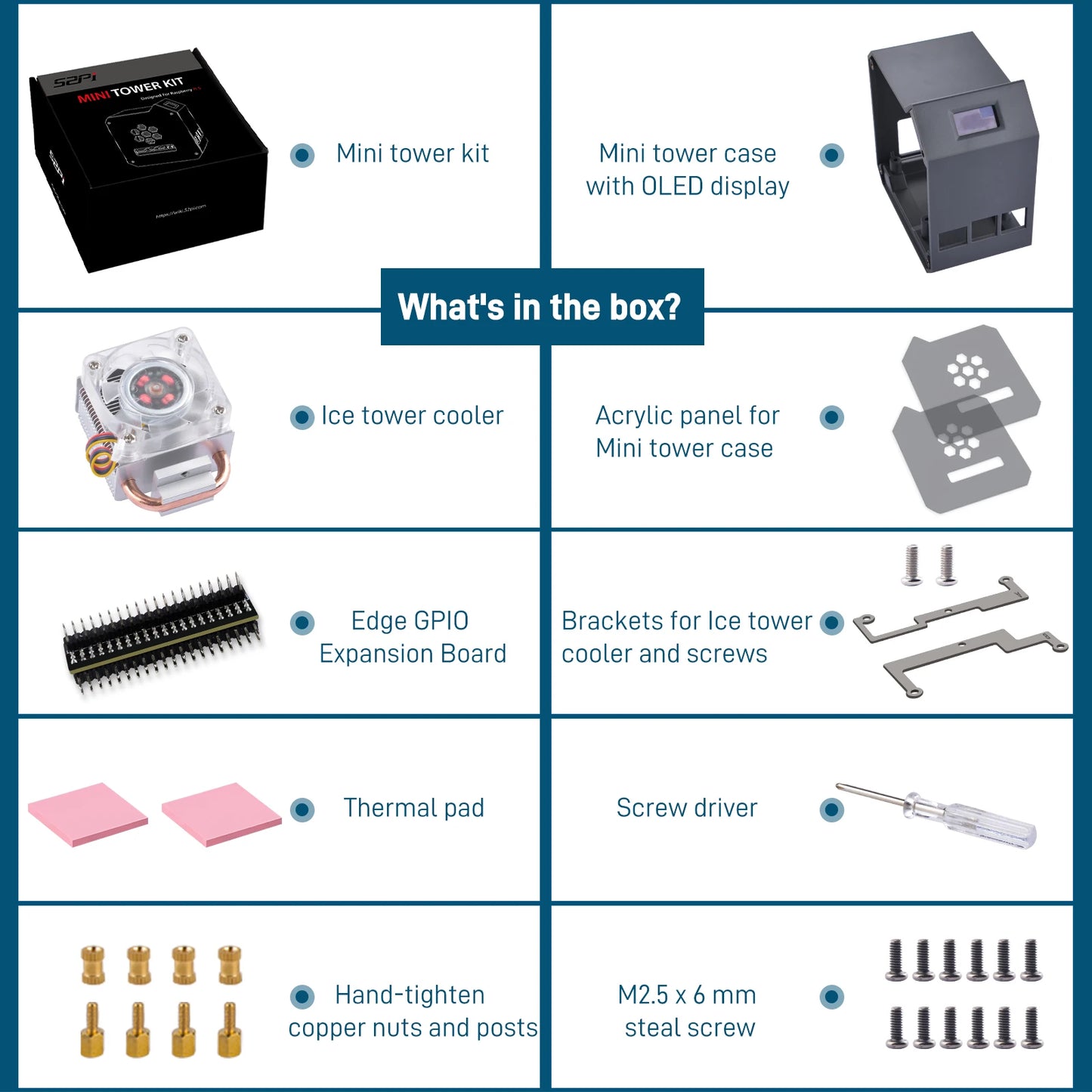 Custom Pi 5 ABS Mini Tower Case Copper Tube Ice Tower Fan PWM JST 4Pin Port RGB LED with 0.96" OLED Dispaly for RPI 5 Pi5