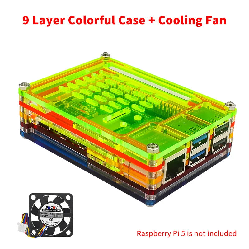 Custom Pi 5 Acrylic Case 9 Layer Colorful Shell Protection Box Optional Cooling Fan Active Cooler Heatsink for     Pi 5