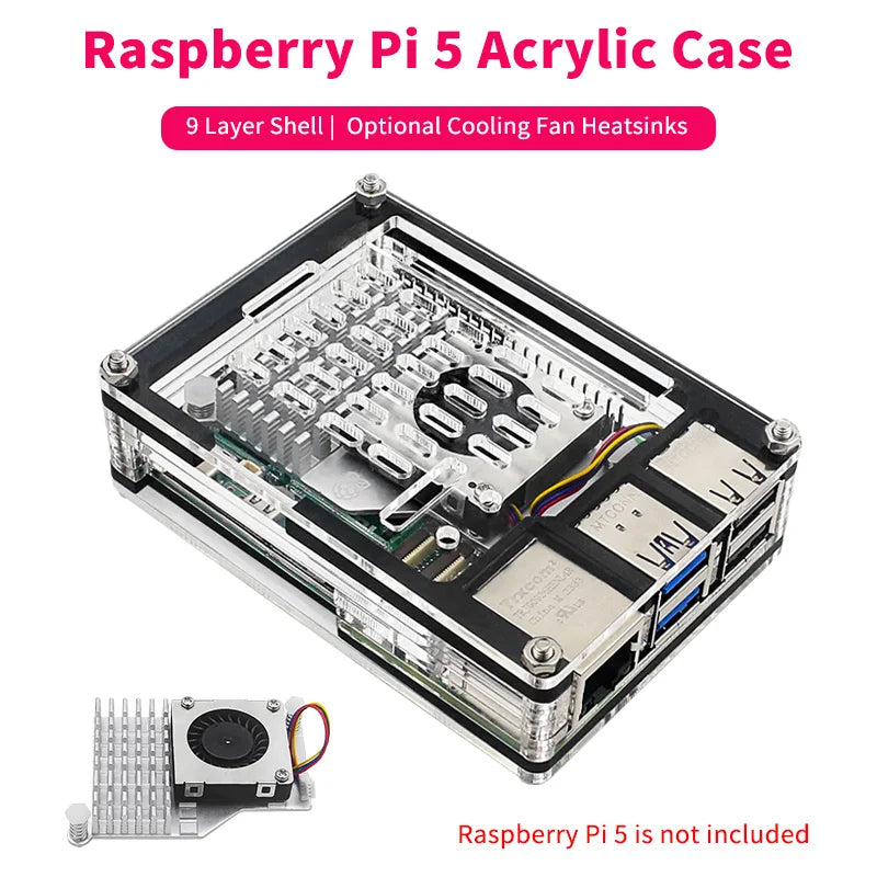 Custom Pi 5 Acrylic Case 9 Layer Protection Shell Optional Cooling Fan Active Cooler Aluminum Heatsink for     Pi 5