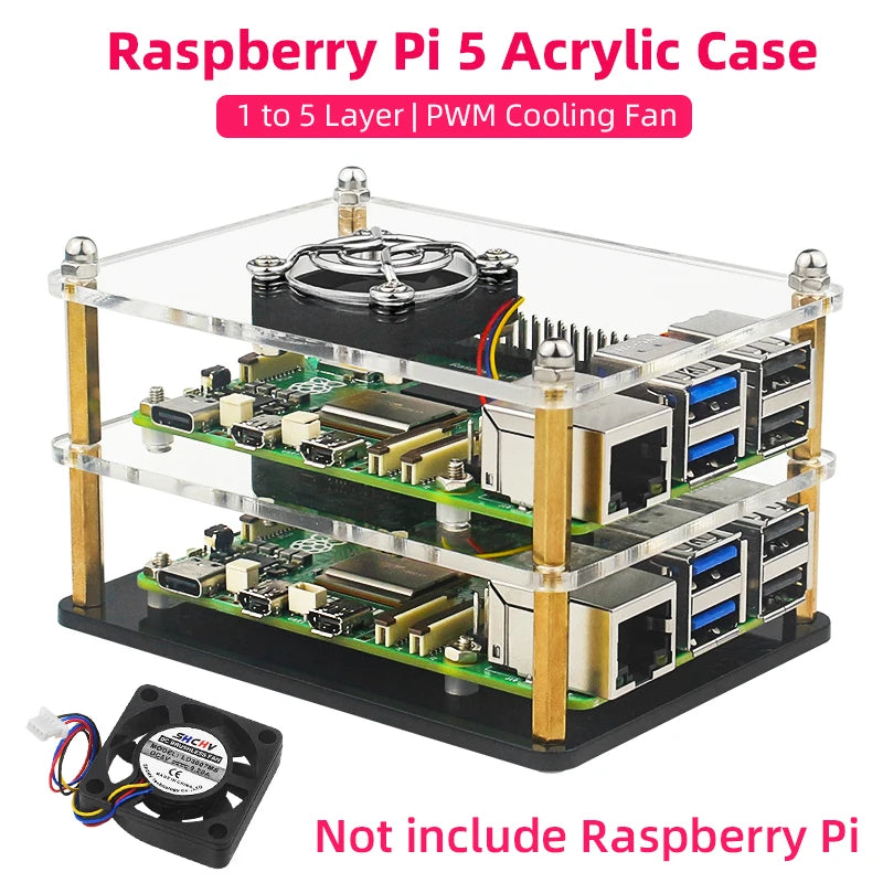 Custom Pi 5 Acrylic Case Transparent Shell with PWN Cooling Fan Stackable Plate Case for RPI 5 Pi5 Cluster DIY Electronic