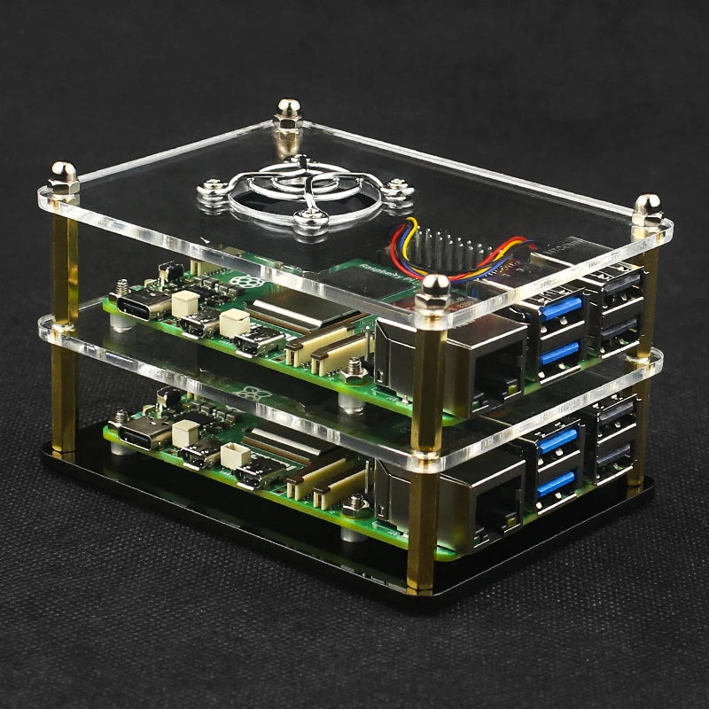 Custom Pi 5 Acrylic Case Transparent Shell with PWN Cooling Fan Stackable Plate Case for RPI 5 Pi5 Cluster DIY Electronic