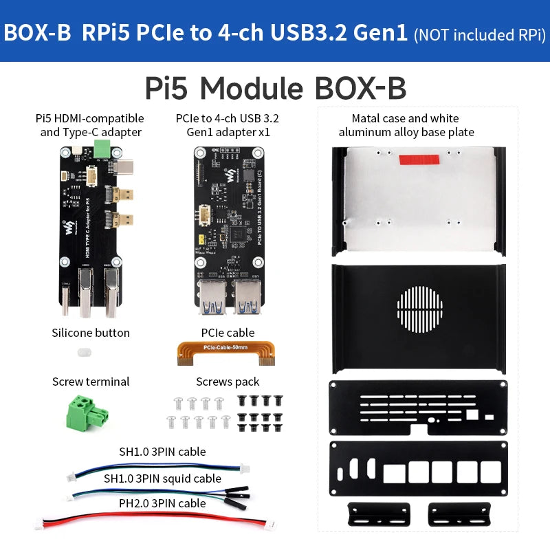 Custom Pi 5 All-In-One Mini-Computer Kit PCIe to 4-Ch USB3.2 Gen1 Ports Module BOX Aluminum Alloy Case for RPi 5