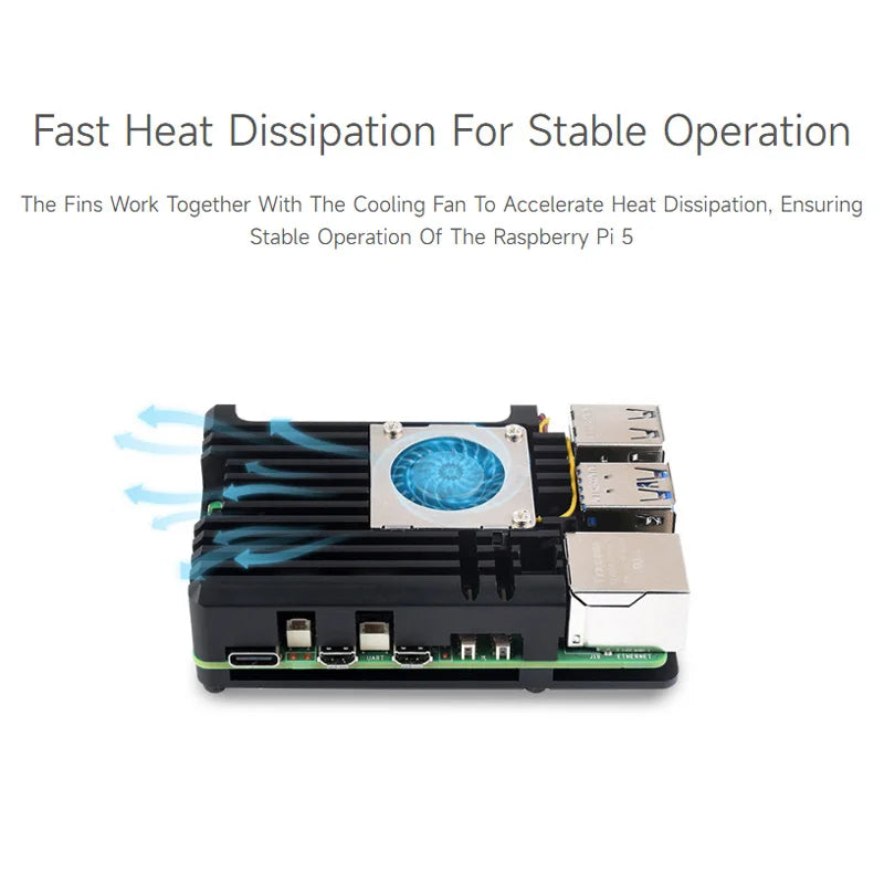 Custom Pi 5 Aluminium Alloy Case Metal Shell Aluminium Heatsink with Temperature Controlled Blower Fan for     Pi 5