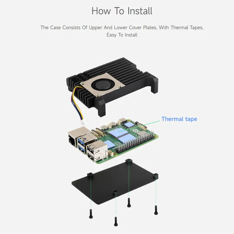 Custom Pi 5 Aluminium Alloy Case Metal Shell Aluminium Heatsink with Temperature Controlled Blower Fan for     Pi 5