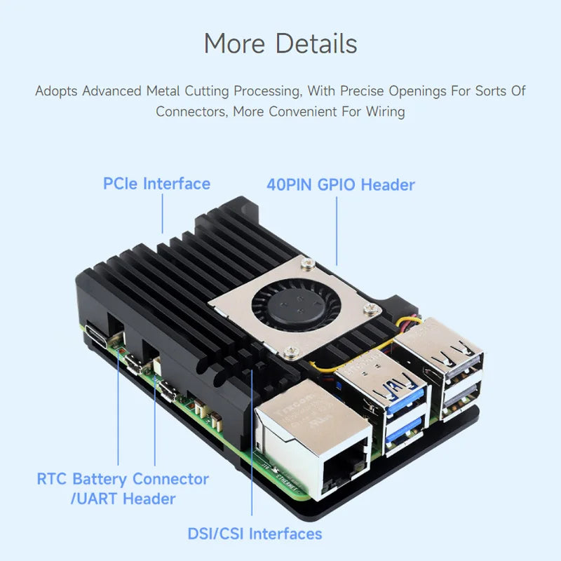 Custom Pi 5 Aluminium Alloy Case Metal Shell Aluminium Heatsink with Temperature Controlled Blower Fan for     Pi 5