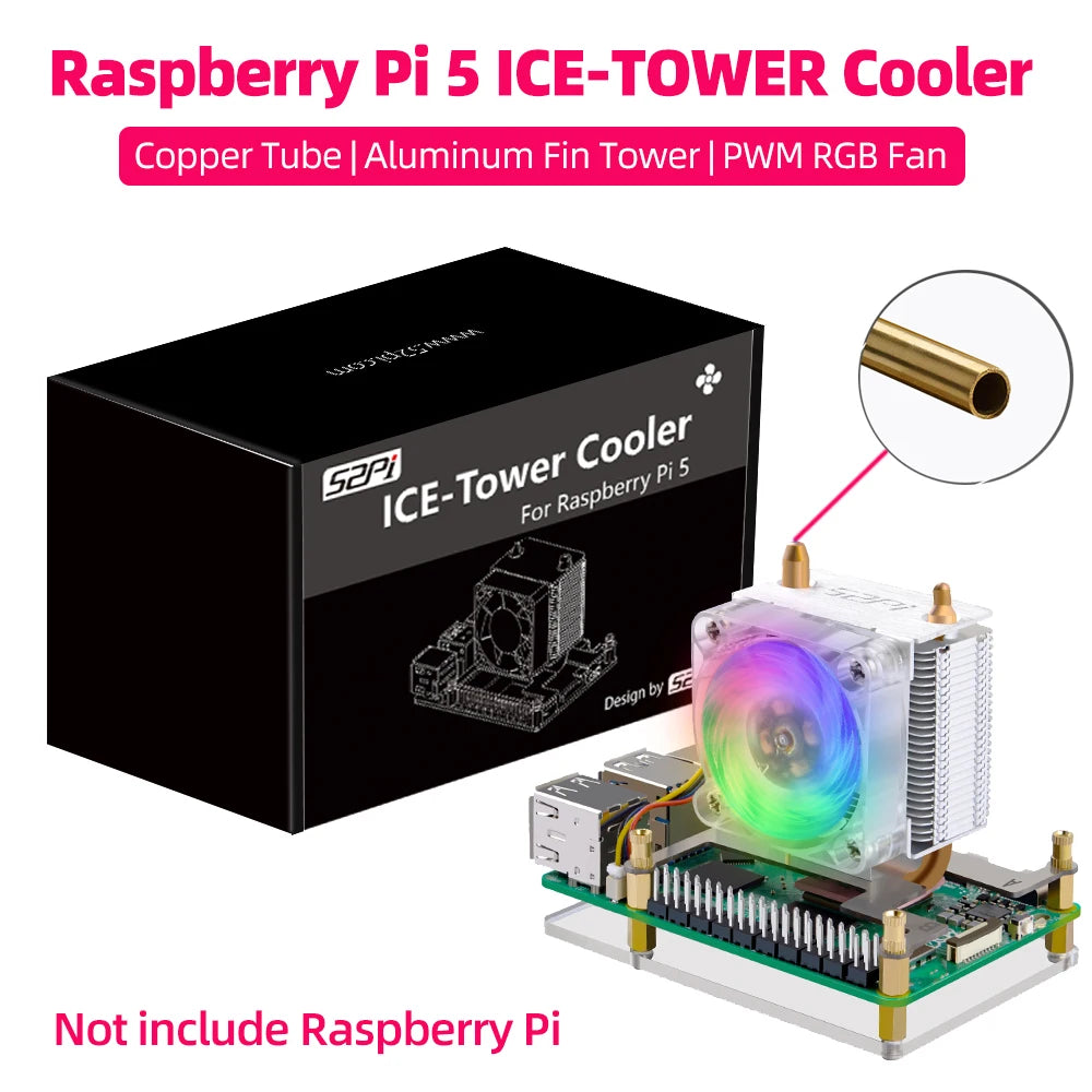Custom Pi 5 ICE Tower Cooler Copper Tube CPU Radiator PWM JST RGB LED Light Cooling Fan for RPI5 Pi 5