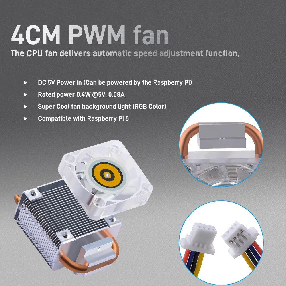 Custom Pi 5 ICE Tower Cooler Copper Tube CPU Radiator PWM JST RGB LED Light Cooling Fan for RPI5 Pi 5