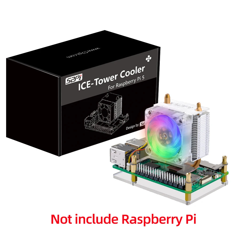 Custom Pi 5 ICE Tower Cooler Copper Tube CPU Radiator PWM JST RGB LED Light Cooling Fan for RPI5 Pi 5