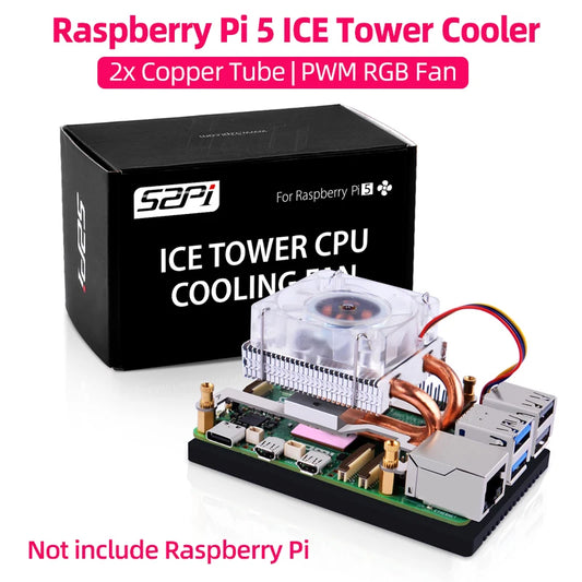 Custom Pi 5 Ice Tower Cooling Fan RGB LED Light Copper Tube Aluminum Fin Low-Profile Type For RPI 5 Pi5