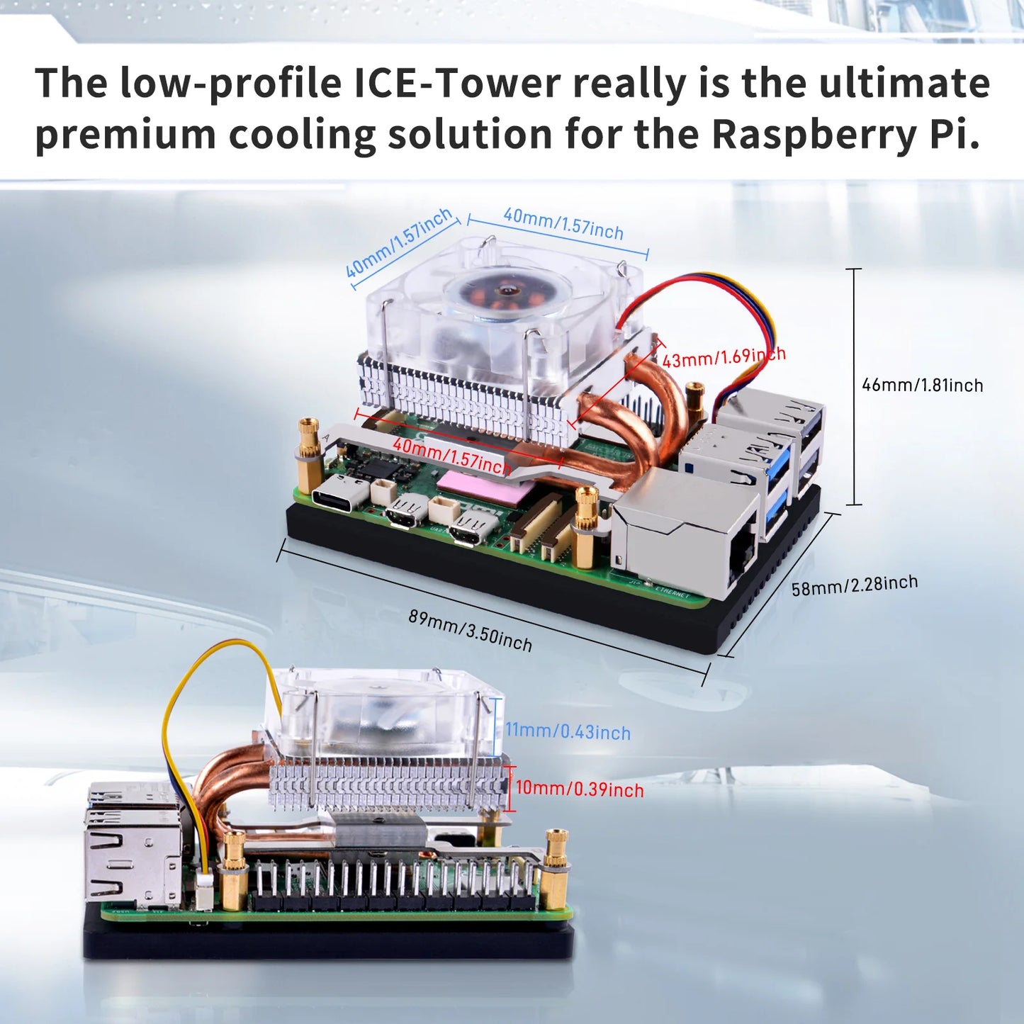 Custom Pi 5 Ice Tower Cooling Fan RGB LED Light Copper Tube Aluminum Fin Low-Profile Type For RPI 5 Pi5