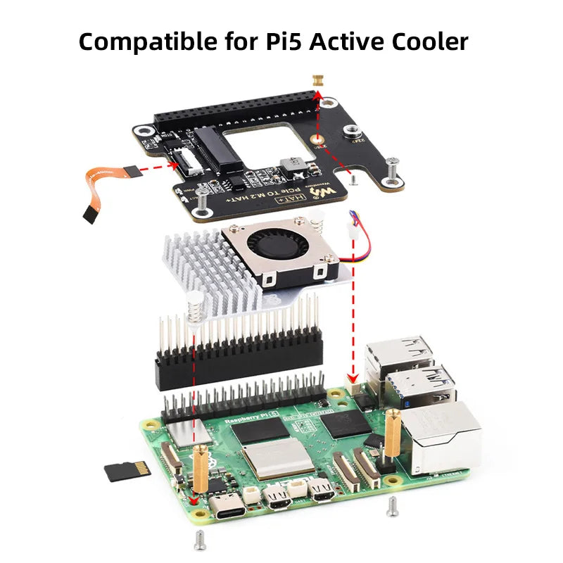 Custom Pi 5 PCIe to M.2 HAT NVME High Speed Expansion Board with 16P Cable GPIO Header Support Active Cooler for RPI 5 Pi5