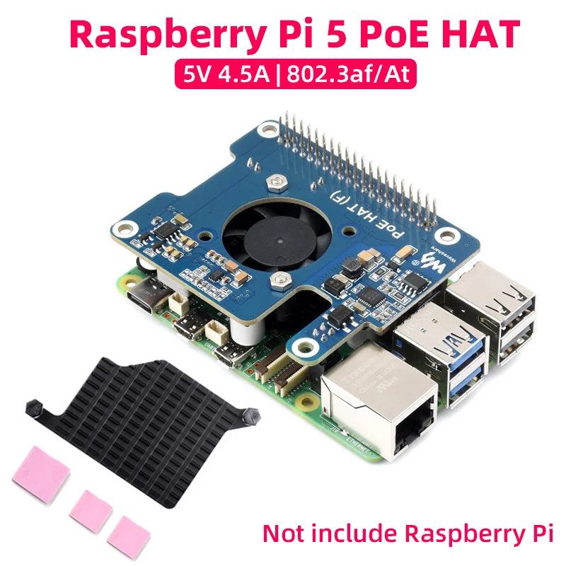 Custom Pi 5 PoE HAT (F) 802.3af/at High Power Power Over Ethernet Onboard Cooling Fan with Metal Heatsink for RPi 5 Pi5