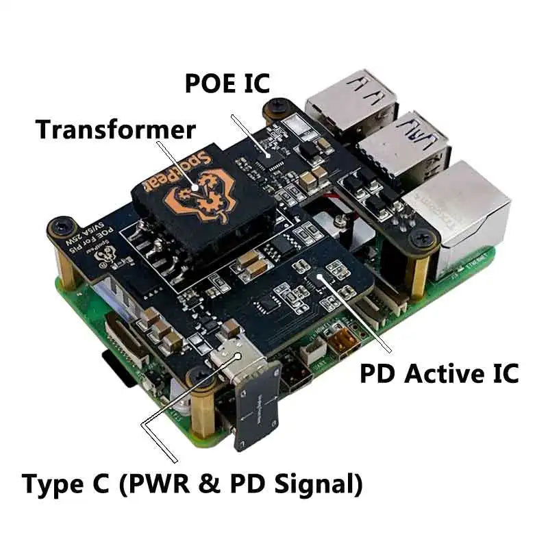 Custom Pi 5 PoE HAT With PD Trigger Activation Type C Power Over Ethernet 802.3af/at 5V/4.5A 25W for RPi5