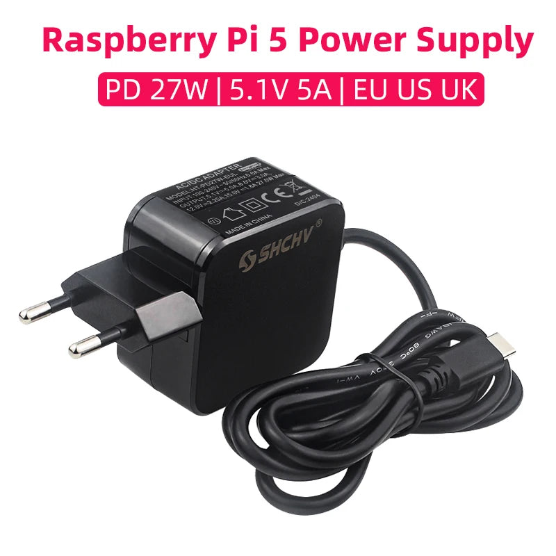 Custom Pi 5 Power Supply PD 27W 5.1V 5A USB Type-C Power Adapter EU US UK Plug for RPI 5 Pi5
