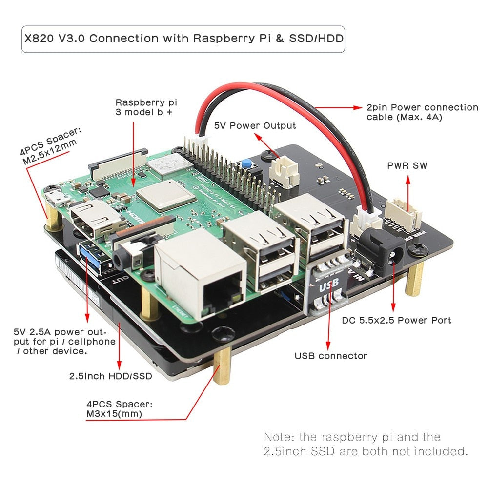 Raspberry Pi X820 V3.0 Expansion Board Supports 4TB 2.5-inch SATA USB 3.0 For Raspberry Pi 3 Model B+, 3B, 2B, B+ customize