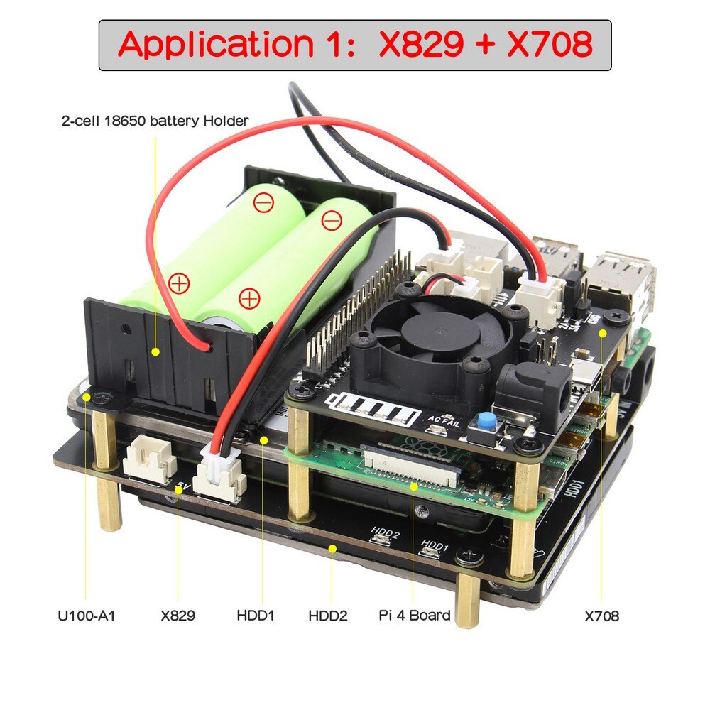 Raspberry Pi X829 Dual 2.5" SATA HDD/SSD Shield + X708 UPS HAT & Power Management Board for Raspberry Pi 4 Model B customize