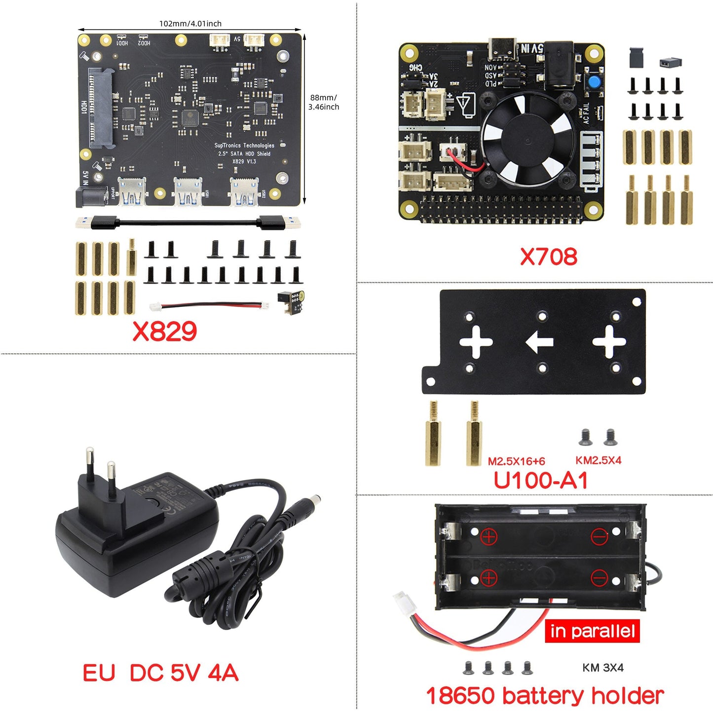 Raspberry Pi X829 Dual 2.5" SATA HDD/SSD Shield + X708 UPS HAT & Power Management Board for Raspberry Pi 4 Model B customize