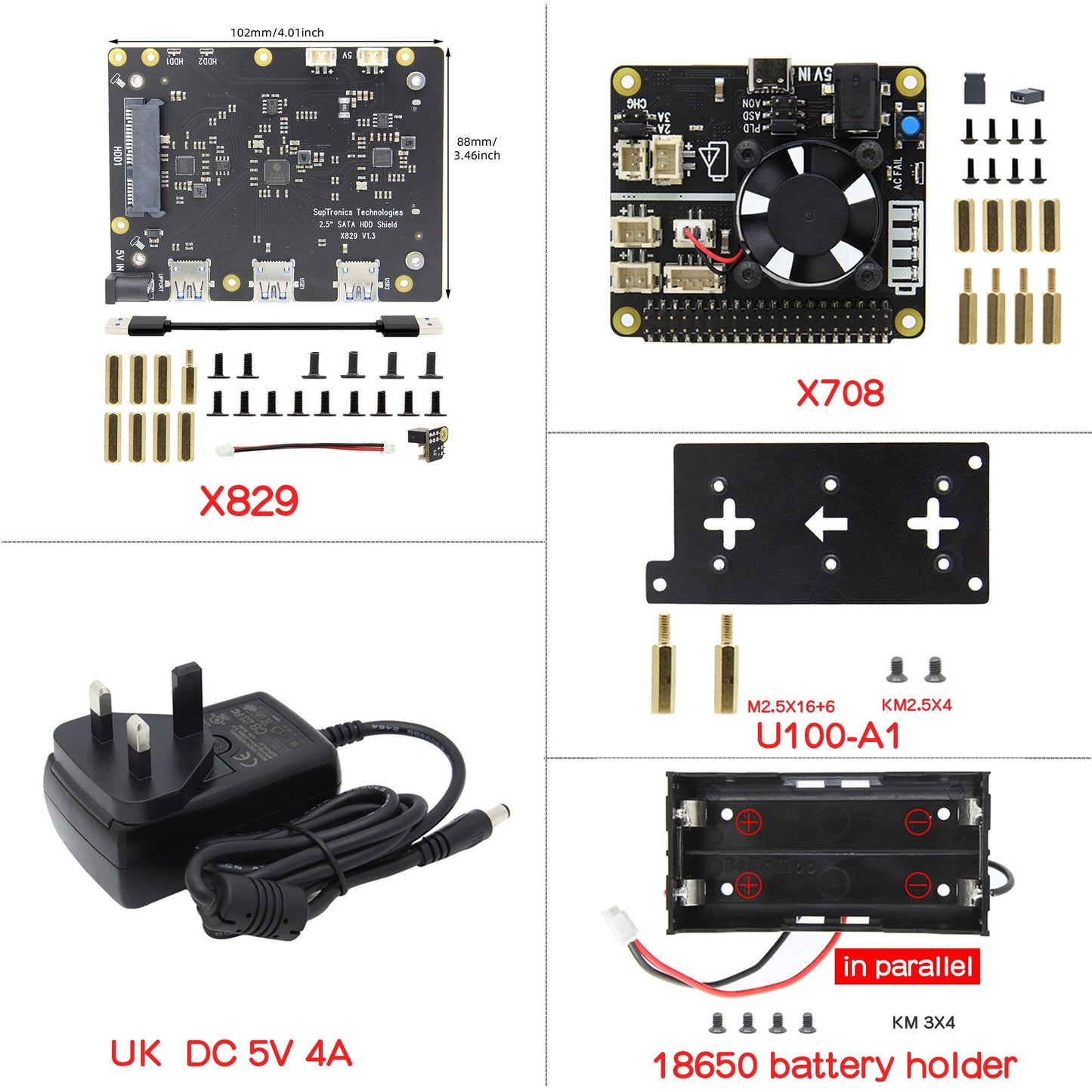 Raspberry Pi X829 Dual 2.5" SATA HDD/SSD Shield + X708 UPS HAT & Power Management Board for Raspberry Pi 4 Model B customize