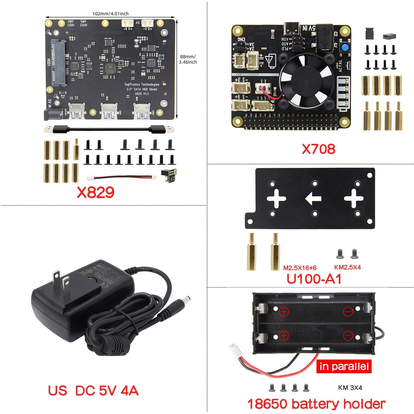 Raspberry Pi X829 Dual 2.5" SATA HDD/SSD Shield + X708 UPS HAT & Power Management Board for Raspberry Pi 4 Model B customize