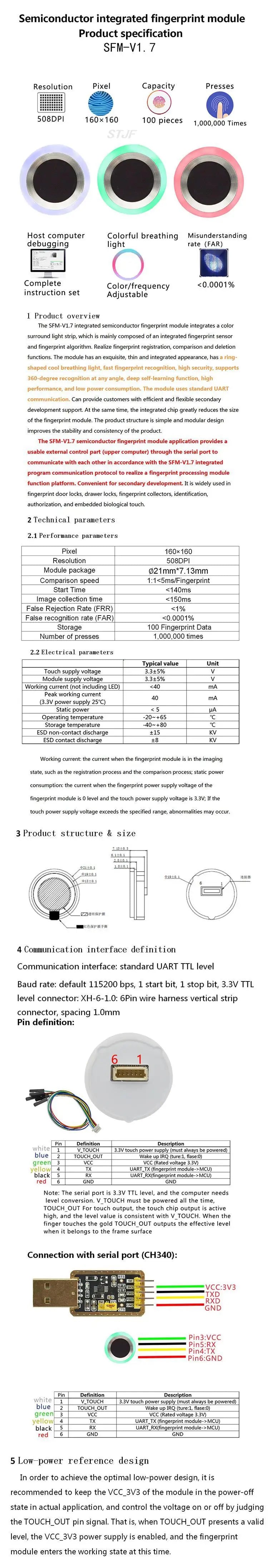 Custom  SFM-V1.7 Semiconductor Integrated Touch Capacitive Acquisition And Identification Fingerprint Sensor Module UA RT Communication