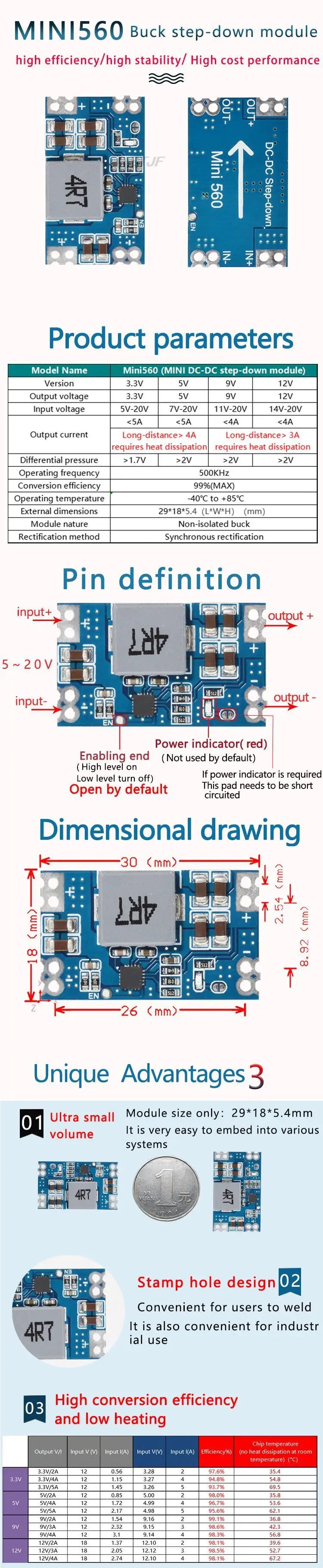 Custom 5A DC-DC mini560 step-down stabilized voltage supply module output 3.3 5V 9V 12V