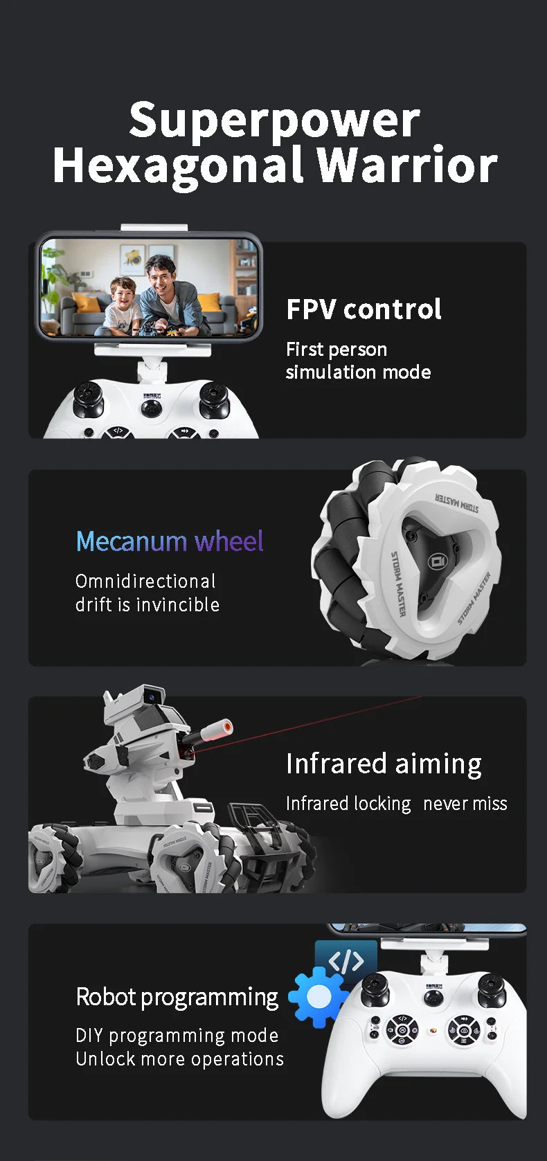 Intelligent RC Battle Tank Toy with Laser Locking -Cool Black/Pearl White, Kids Gift