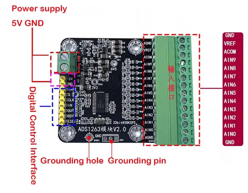 ADS1263 Module, 10-Channel 32-Bit 38K Precision Low-Speed ADC Data Acquisition Analog-to-Digital Converter Module