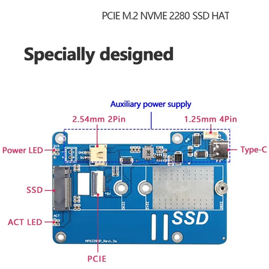 L07A-MPS2280P PCIE M.2 NVME SSD HAT+Case+SSD Heat Sink For Raspberry Pi 5 Support 2280 2230 2242 Gen 3 Expansion Board