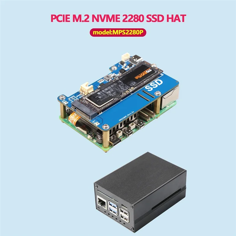 L07A-MPS2280P PCIE M.2 NVME SSD HAT+Case+SSD Heat Sink For Raspberry Pi 5 Support 2280 2230 2242 Gen 3 Expansion Board