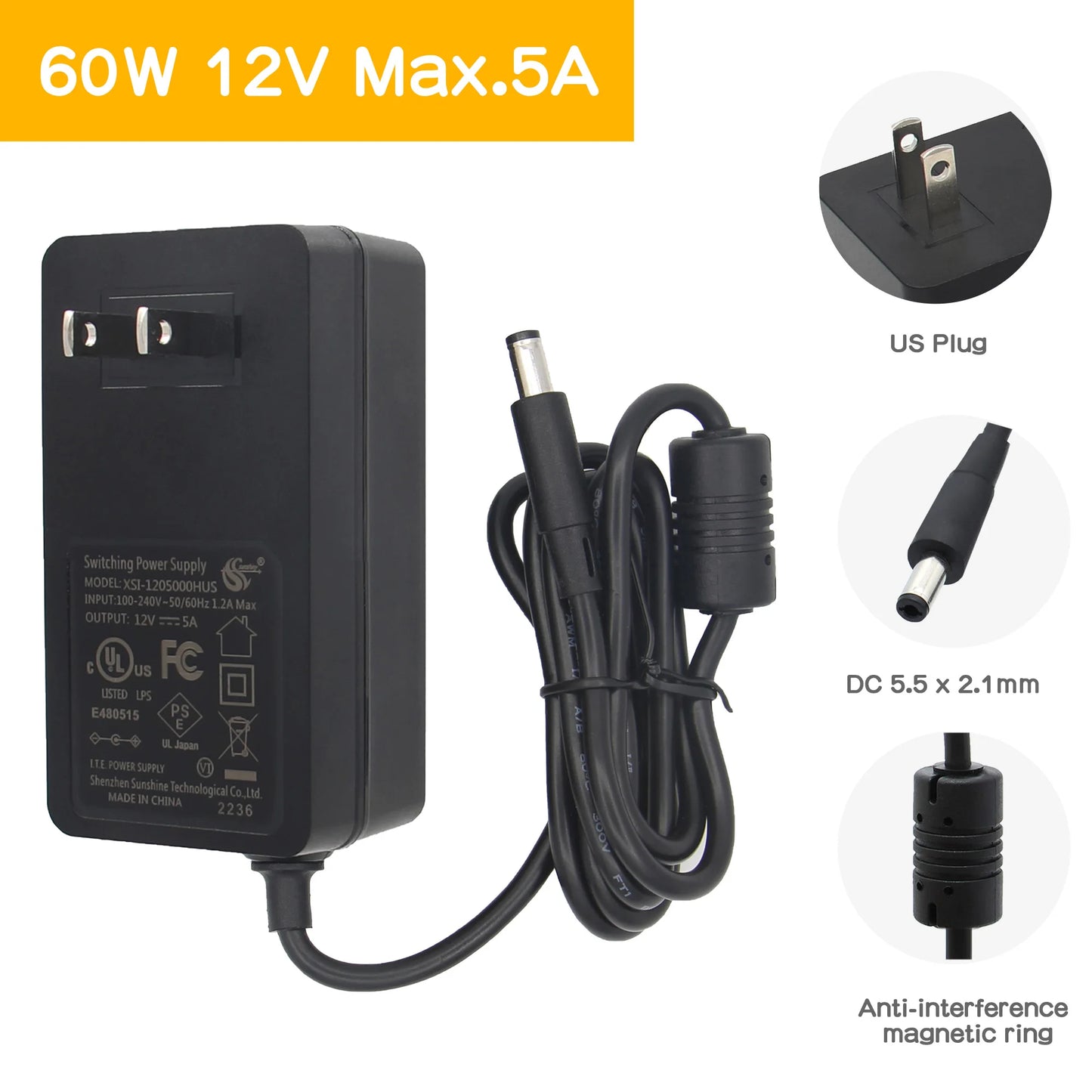 LT-12565521 12V 5A 60W Power Adapter | Power Supply | DC 5.5*2.1mm Jack | for Raspberry Pi X735 V3.0/ X729/ X1009/X-UPS1
