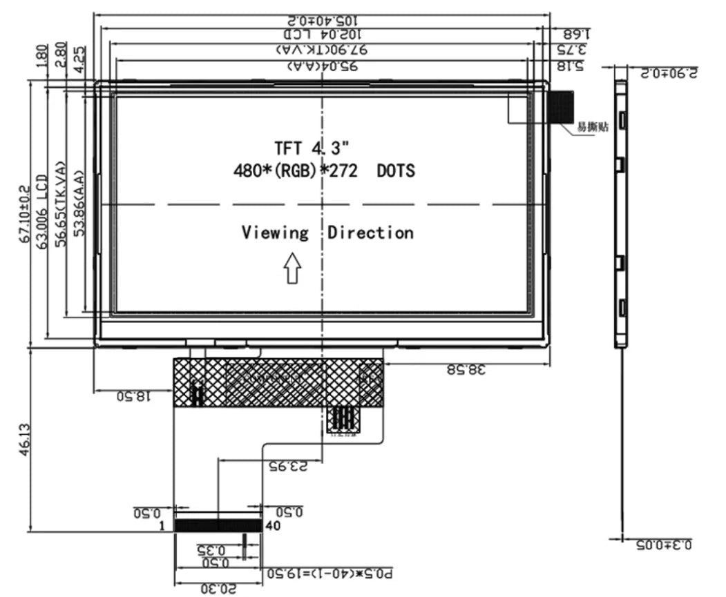 Custom 4.3 inch TFT LCD screen RGB interface 480x272 high-definition IPS plug-in 40PIN with capacitive touch