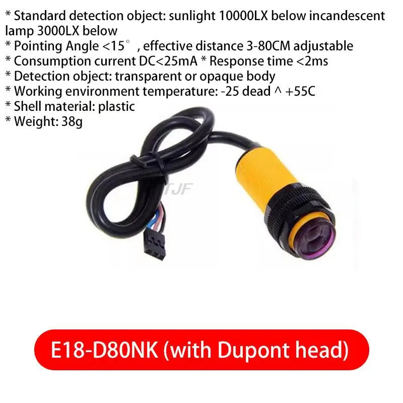 Custom Smart Car Robot E18-D80NK Infrared Obstacle Avoidance Photoelectric Sensor Proximity Switch 3-80cm Detection Range Adjustable