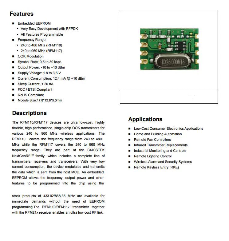 Custom RFM110 315/433mhz low-cost highly flexible high performance single-chip OOK transmitters CMT2110A