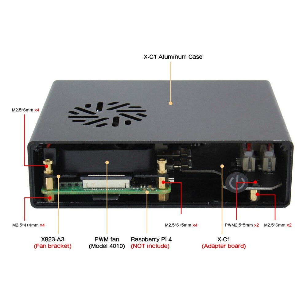 Ultra-thin Raspberry Pi 4 Case, NUC Style Aluminum Case with PWM Fan & X-C1 Interface Adapter Board for Pi 4B customize