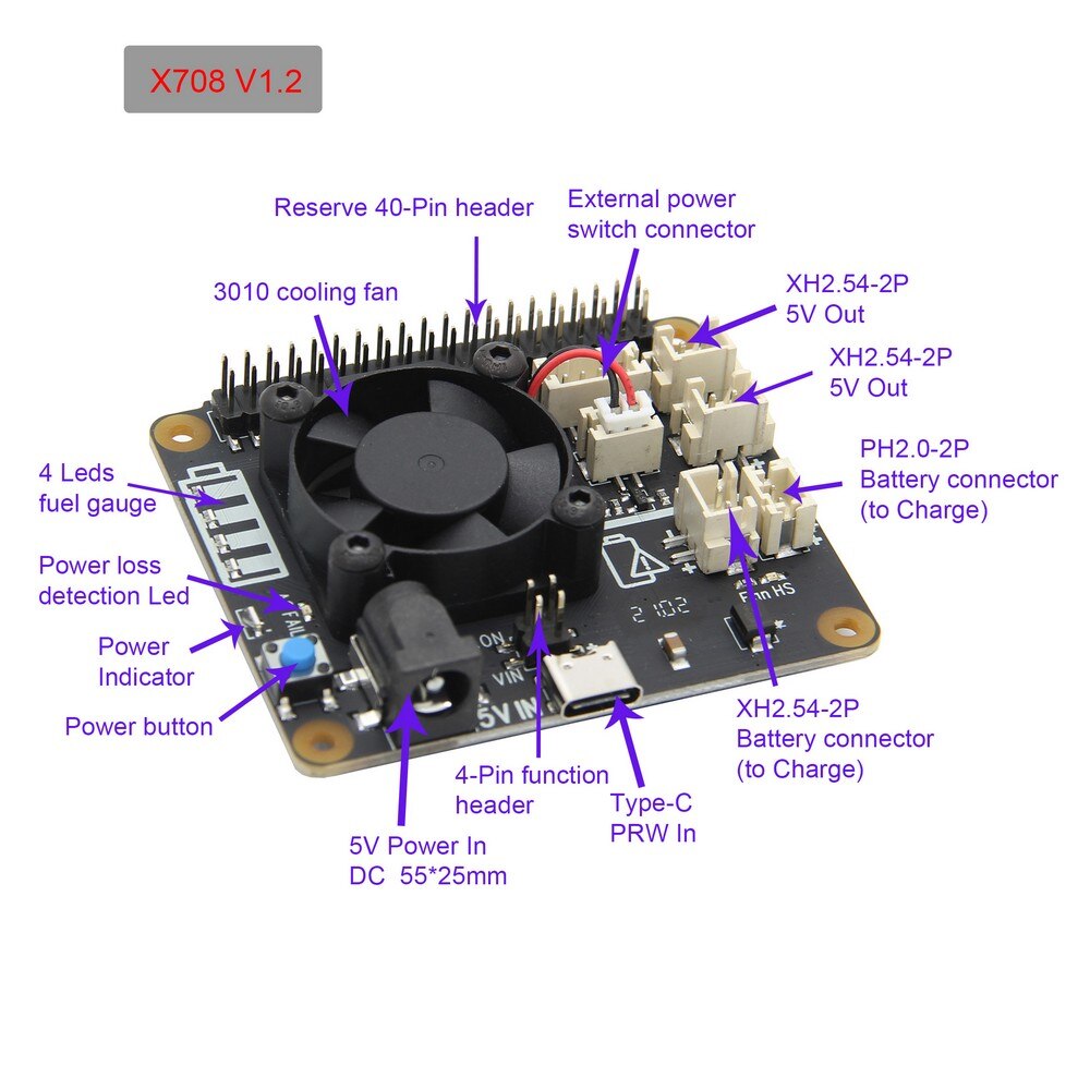 X708 UPS & Power Management Board with Cooling Fan ,AC Power Loss Detection, Auto On & Safe Shutdown Function for Raspberry Pi customize