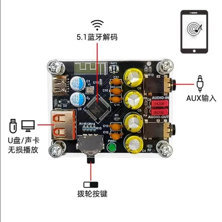 Custom ZK-PT2 HIFI 5.1 BT USB Decoding Board Player Audio Receiver Old Amplifier Lossless Wuzhi Audio APP