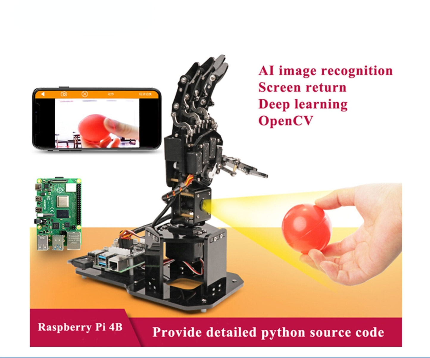 custom Dexterous Hand Uhandpi Manipulator Palm Robot Visuele Somatosensorische Erkenning Raspberry Pi Python Programmering